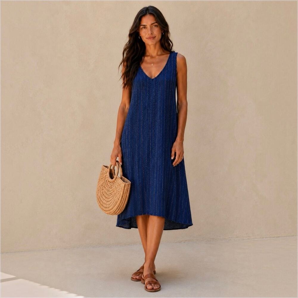 J JILL 100% Linen Sleeveless Midi Dress Hi Low Striped Beach Tropical Cruise